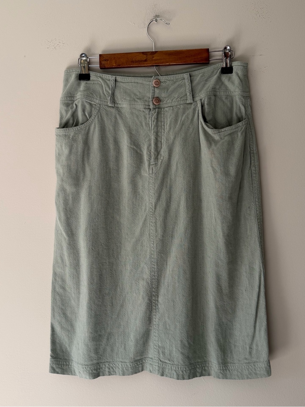 J. Jill Sage Green Linen Midi Skirt with Front Pockets Size 10